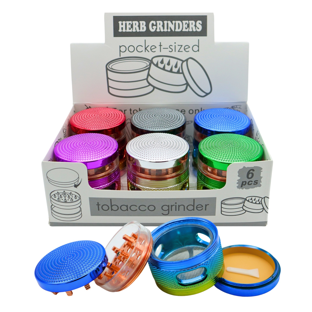 HERB GRINDERS POCKET-SIZED 4 PARTS TOBACCO GRINDER WITH WINDOW #DK5205-4 BOX OF 6