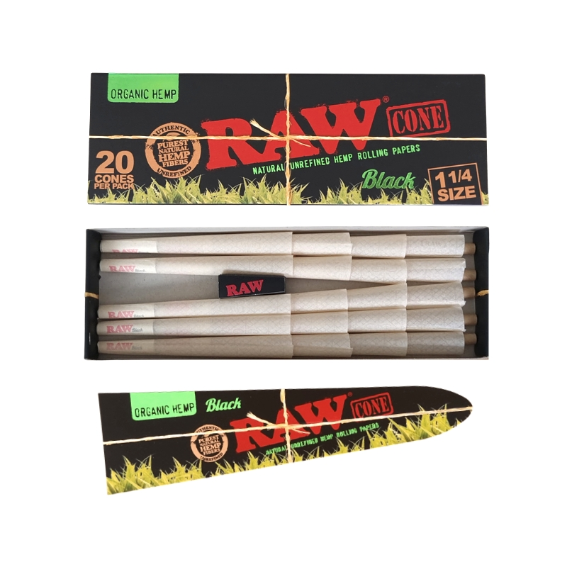 RAW BLACK ORGANIC 1 1/4 PRE-ROLL CONES 20CT PER PACK