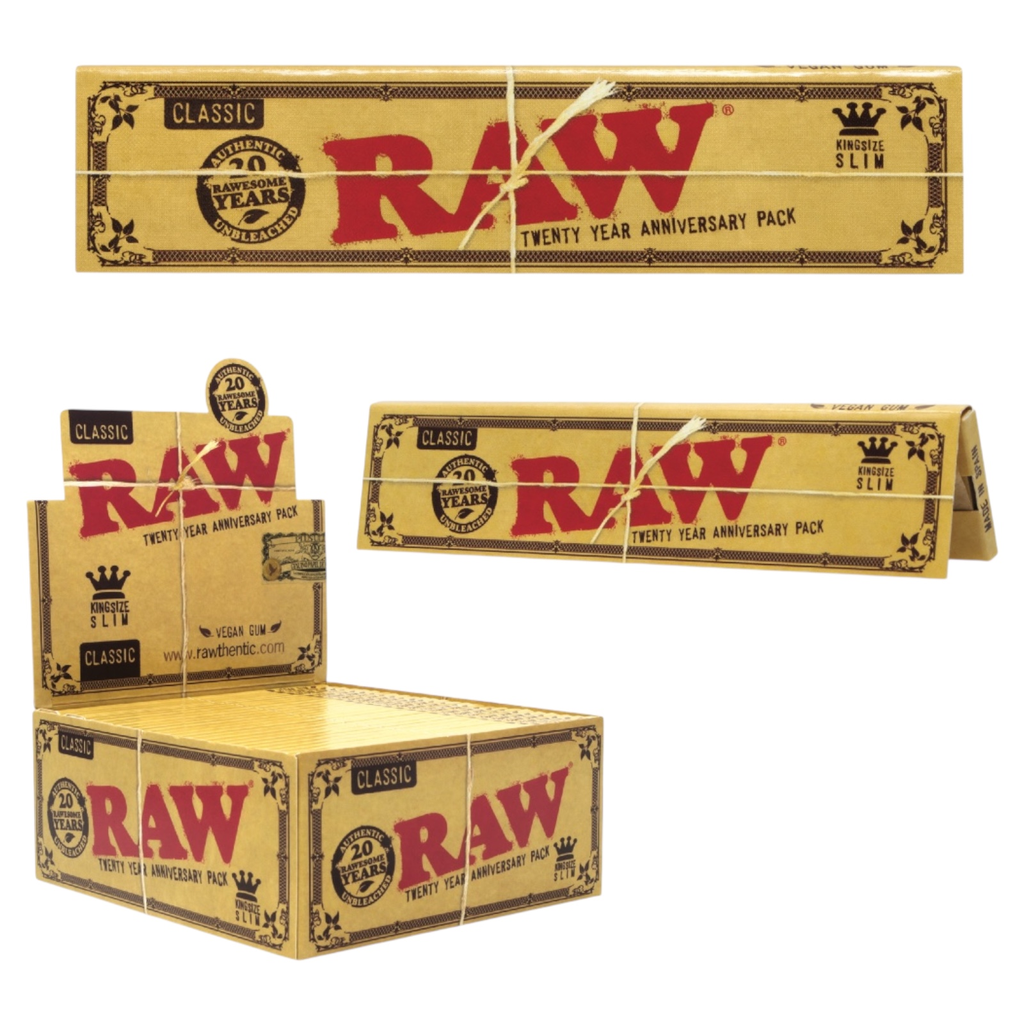 RAW CLASSIC KING SIZE SLIM 20TH YEAR ANNIVERSARY ROLLING PAPER BOX OF 50