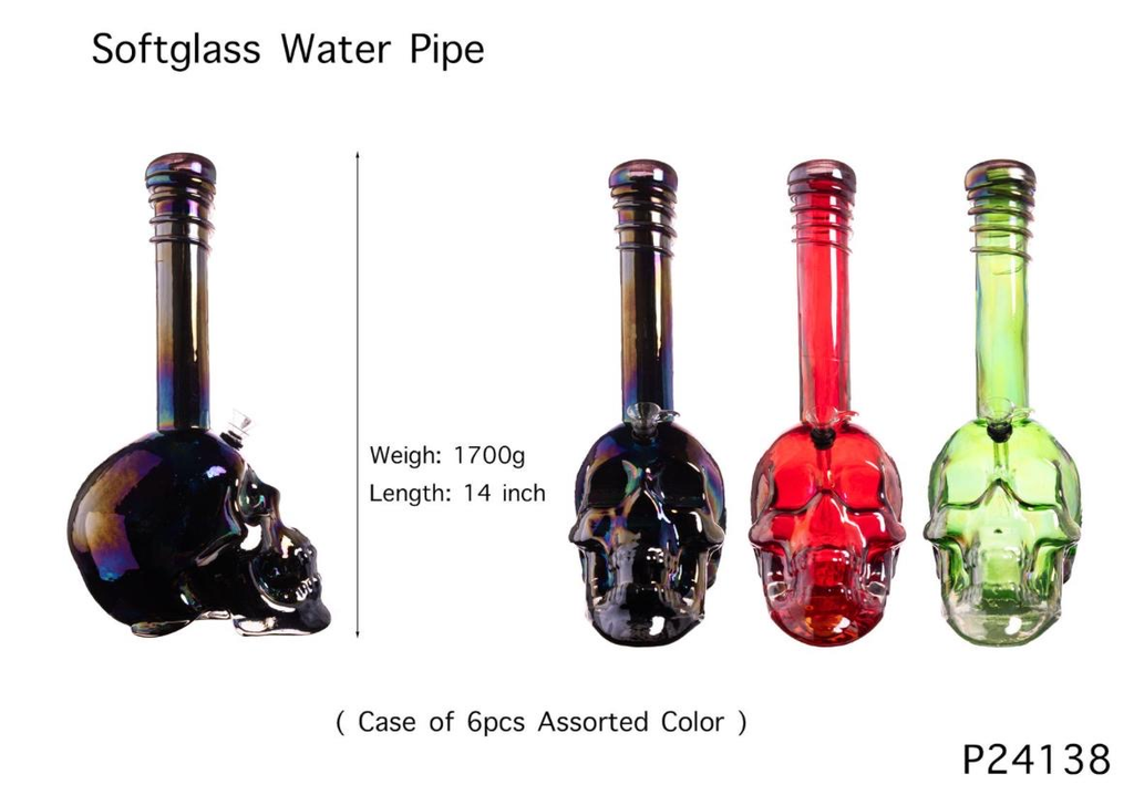 SKULL STORM SOFT GLASS 14" WATER PIPE #GP24138 ASSORTED COLORS