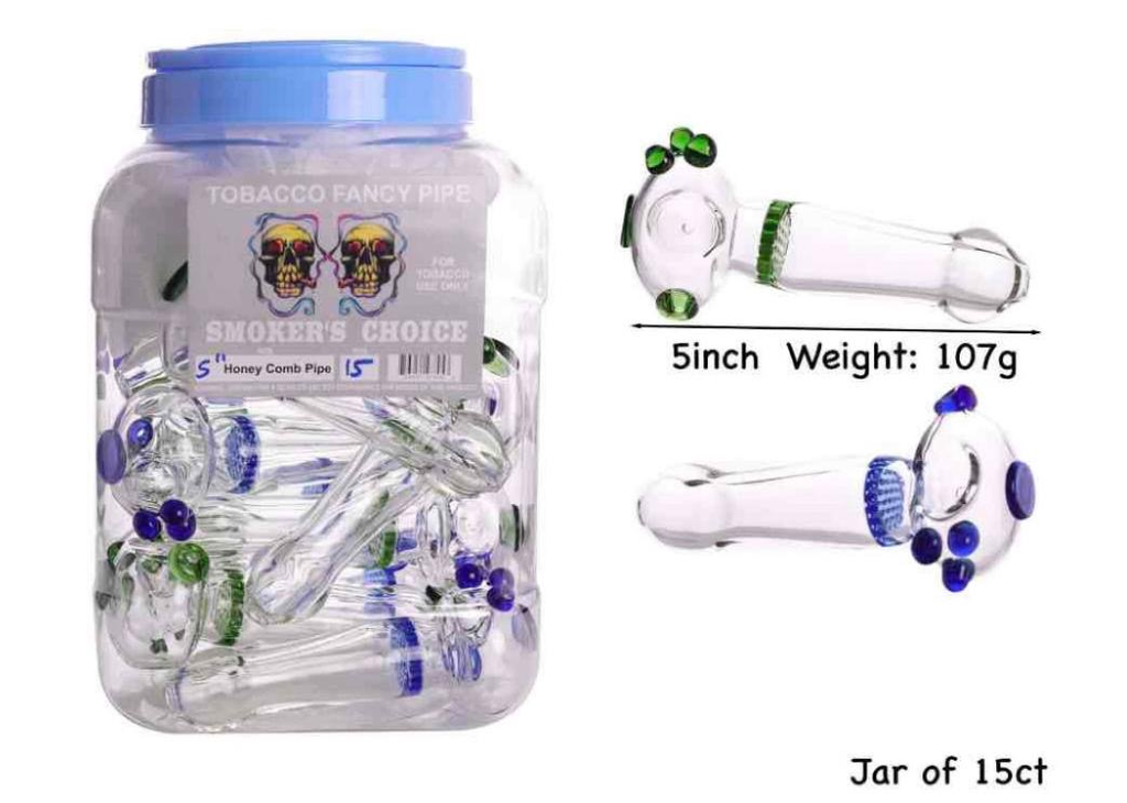 TOBACCO FANCY PIPE 5" GLASS HONEY COMB HAND PIPE 15CT JAR