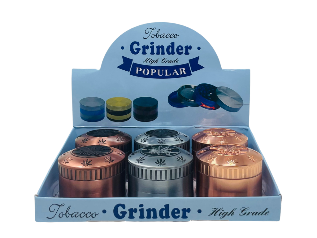 TOBACCO GRINDER 4 PARTS MIX COLOR WITH LEAF DESIGN #TG4-63MIR-LF1 BOX OF 6