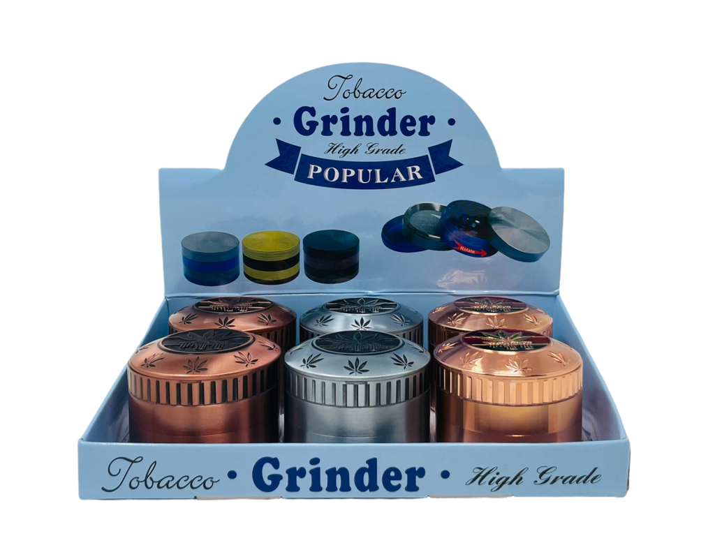 TOBACCO GRINDER 4 PARTS MIX COLOR WITH LEAF DESIGN #TG4-63MIR-LF2 BOX OF 6