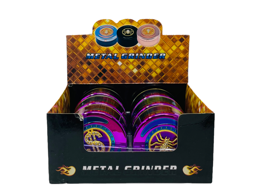 TOBACCO GRINDER 4 PARTS RAINBOW WITH DECORATIONS ON TOP #TG4-90CHR-DEC BOX OF 6