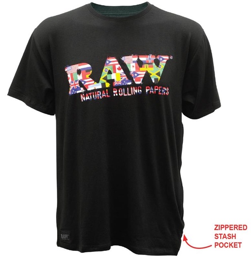 [RAW-02186] RAW BLACK SHIRT MULTI-FLAG DESIGN WITH SIDE ZIPPER POCKET #22142 (LARGE)