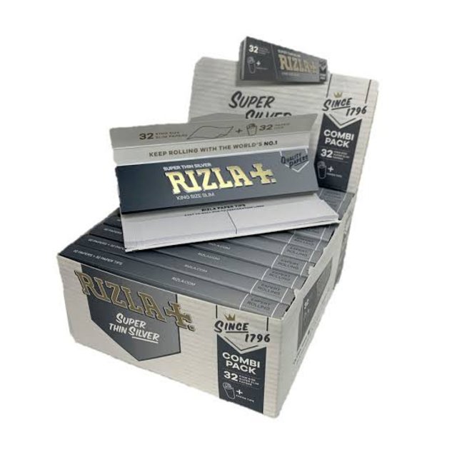 RIZLA SUPER THIN SILVER KING SIZE SLIM PAPERS WITH TIPS BOX OF 24