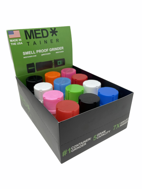 MED TAINER ASSORTED COLORS SMELL PROOF GRINDER BOX OF 12