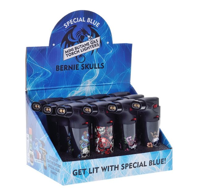 SPECIAL BLUE BERNIE SKULLS BUTANE TORCH LIGHTERS #LT125 BOX OF 12