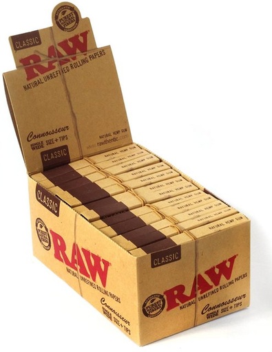 [ITM23062081228122] RAW SINGLE WIDE CLASSIC ROLLING PAPERS+TIPS CONNOISSEUR BOX OF 24