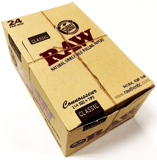 [ITM23062081258125] RAW 1 1/4 CLASSIC ROLLING PAPER+TIPS CONNOISSEUR BOX OF 24