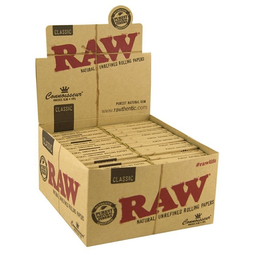 [ITM23062081358135] RAW KINGSIZE SLIM CLASSIC ROLLING PAPERS+TIPS CONNOISSEUR BOX OF 24