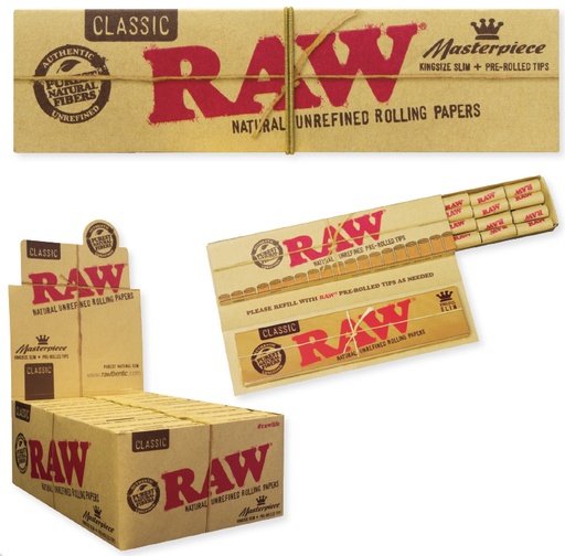 [ITM23062081398139] RAW KINGSIZE SLIM CLASSIC ROLLING PAPER+ TIPS MASTERPIECE BOX OF 24