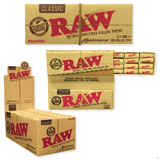 [ITM23062081418141] RAW 1 1/4 CLASSIC ROLLING PAPERS + PRE-ROLLED TIPS + MASTERPIECE BOX OF 24