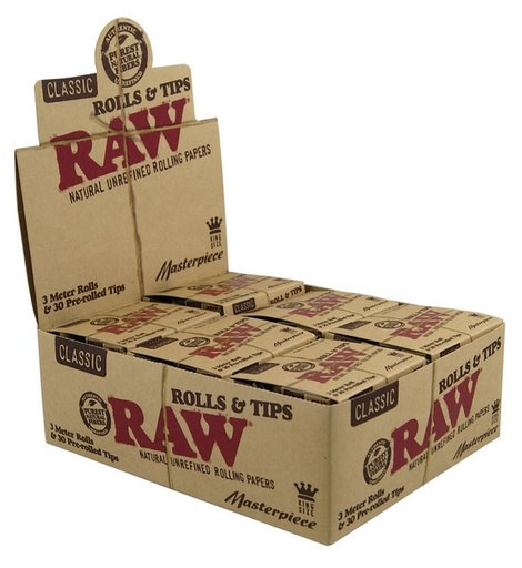 [ITM23062081478147] RAW MASTERPIECE (KING SIZE CLASSIC ROLLS +TIPS) BOX OF 12