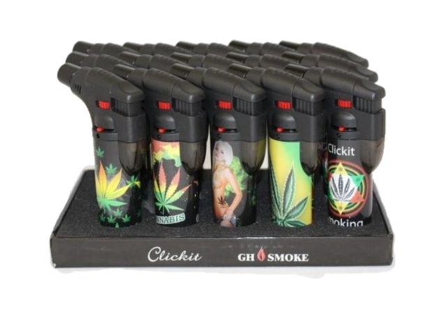 CLICKIT SINGLE TORCH LIGHTERS ASSORTED DESIGNS GH-10873 BOX OF 15