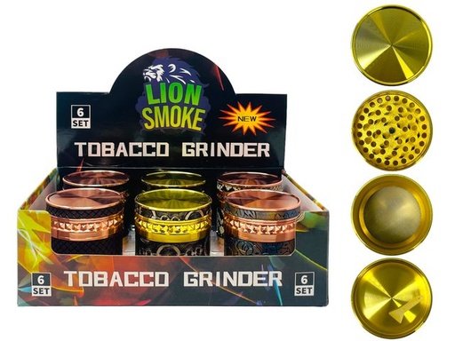 [LION-07265] LION SMOKE 4 PARTS TOBACCO GRINDER ENGRAVED DESINGS #LS44194 BOX OF 6