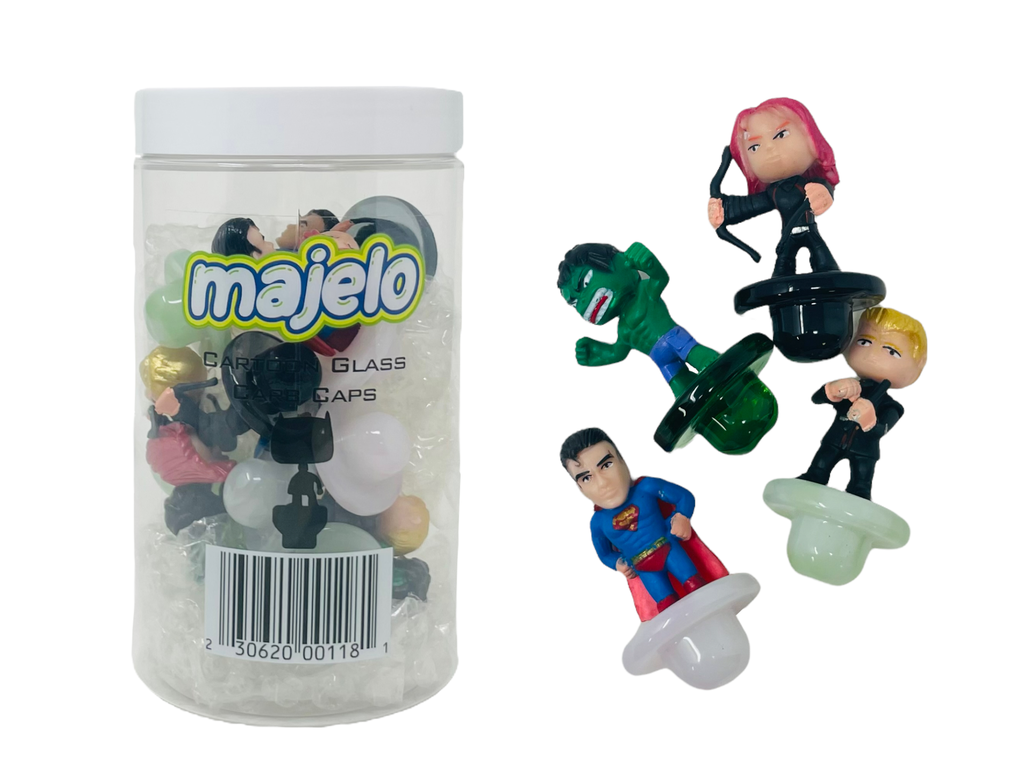 MAJELO SUPERHERO CARTOON GLASS CARB CAPS 15CT JAR