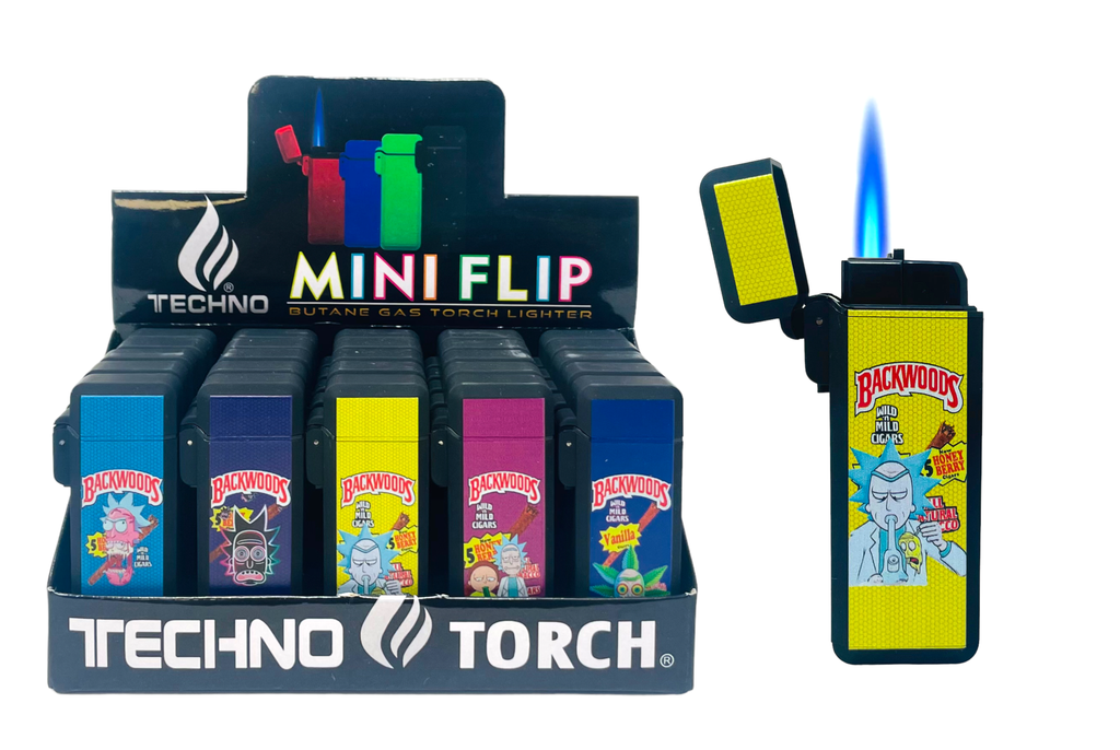 TECHNO TORCH MINI FLIP TORCH LIGHTERS ASSORTED DESIGNS BOX OF 25