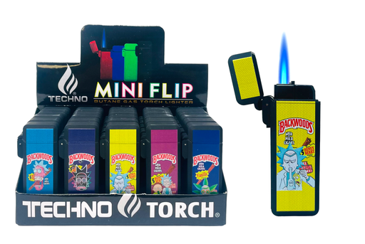 [TECH-06128] TECHNO TORCH MINI FLIP TORCH LIGHTERS ASSORTED DESIGNS BOX OF 25
