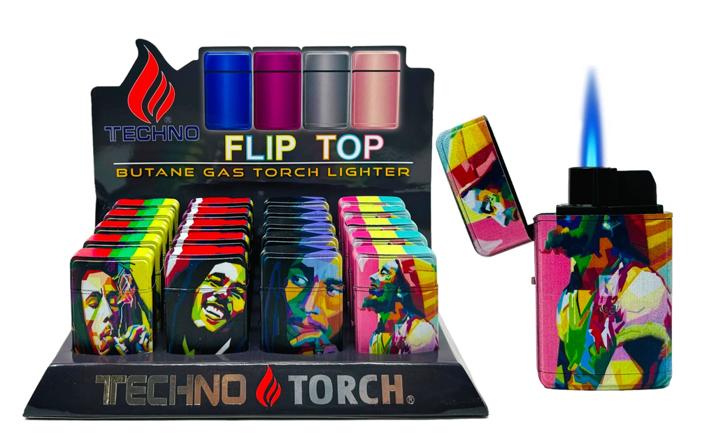 TECHNO TORCH #19607-BM BOB MARLEY DESIGN FLIP TOP TORCH LIGHTERS BOX OF 20