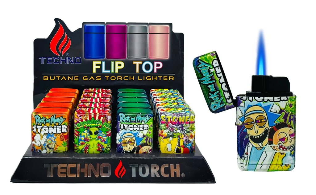 TECHNO TORCH #19607-STO2 STONER DESIGN FLIP TOP TORCH LIGHTERS BOX OF 20