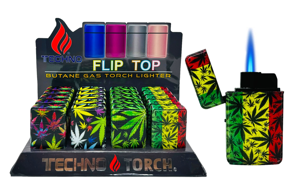 TECHNO TORCH #19607-CB1 CANNABIS DESIGN FLIP TOP TORCH LIGHTERS BOX OF 20