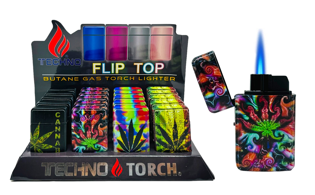 TECHNO TORCH #19607-CB2 CANNABIS DESIGN FLIP TOP TORCH LIGHTERS BOX OF 20