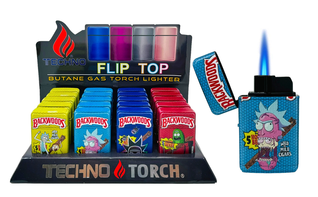 TECHNO TORCH #19607-BWRM BACKWOODS RICK & MORTY DESIGN FLIP TOP TORCH LIGHTERS BOX OF 20
