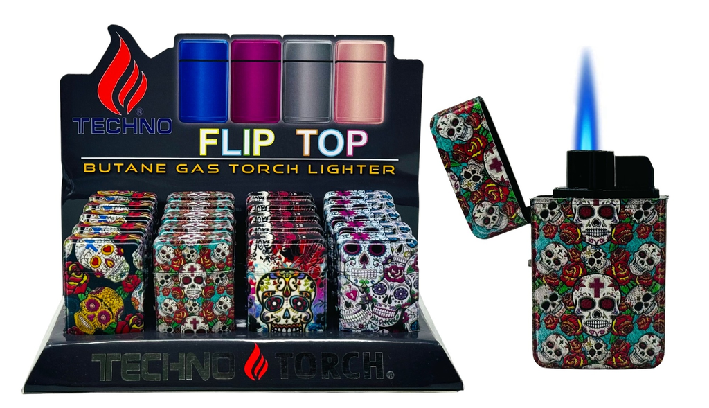 TECHNO TORCH #19607-SS SUGAR SKULL DESIGN FLIP TOP TORCH LIGHTERS BOX OF 20