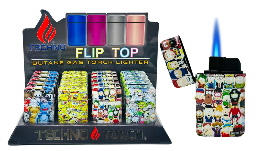 TECHNO TORCH #19607-DD1 CARTOONS DESIGN FLIP TOP TORCH LIGHTERS BOX OF 20