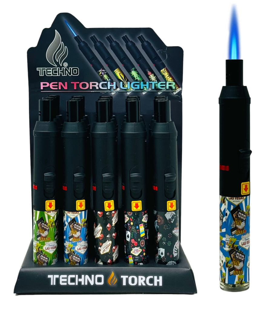 TECHNO TORCH #19132-WS WELCOME TO LAS VEGAS DESIGN PEN TORCH LIGHTERS BOX OF 15