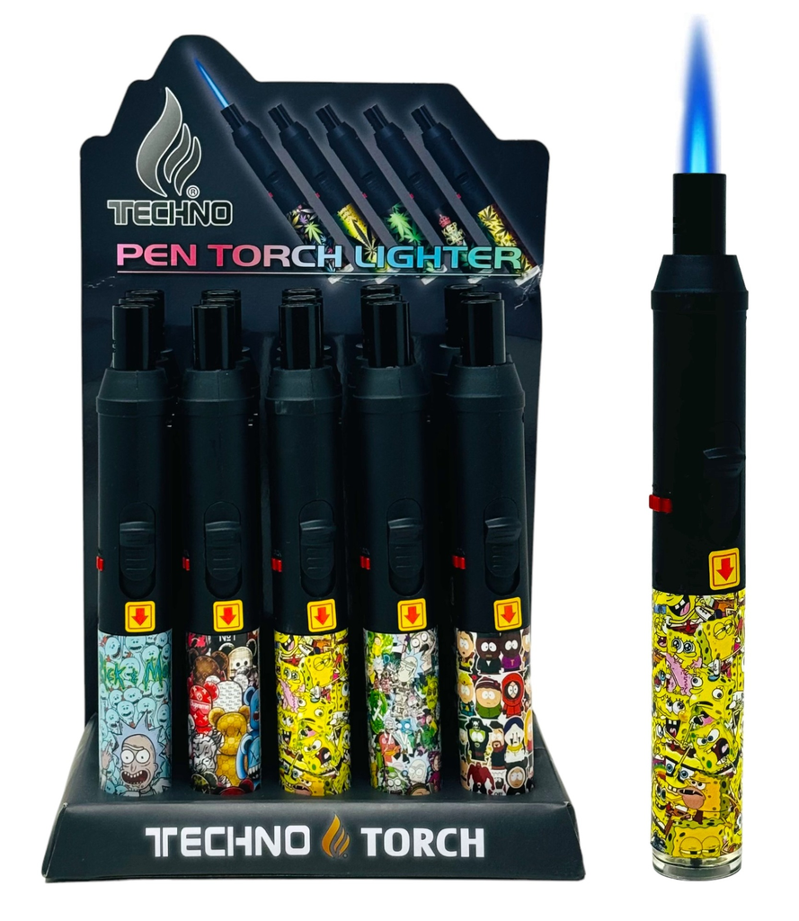 TECHNO TORCH #19132-DD1 CARTOONS DESIGN PEN TORCH LIGHTERS BOX OF 15