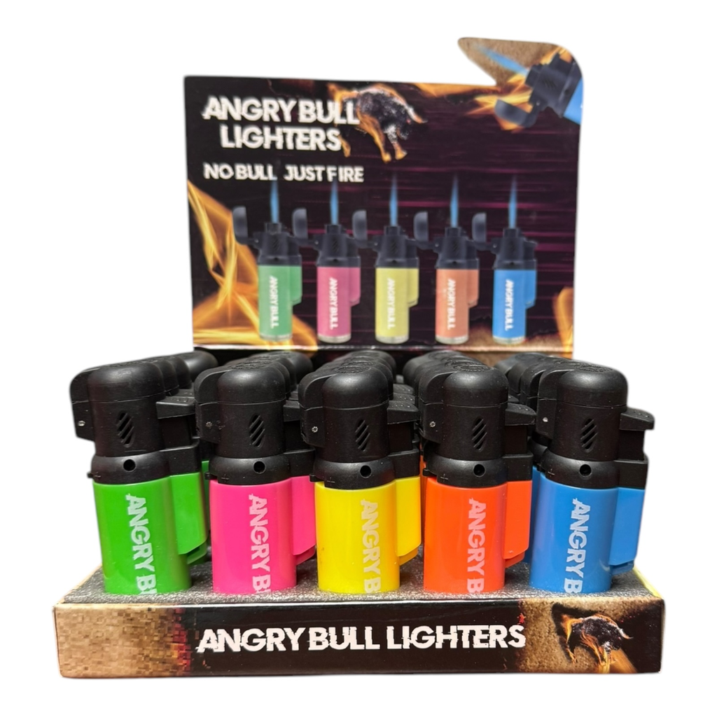 ANGRY BULL MINI NEON TOP HAT STRAIGHT TORCH LIGHTERS BOX OF 20