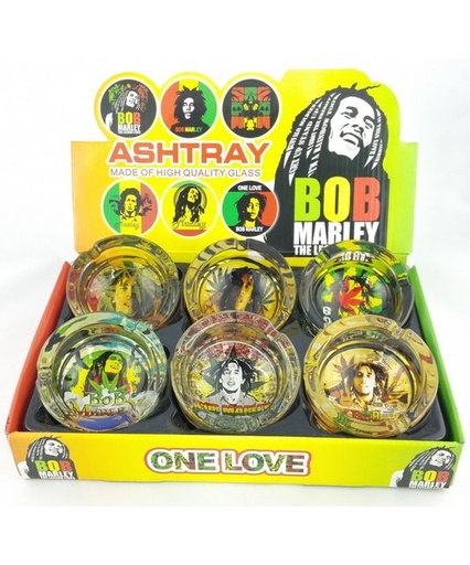 [Temp-HAM-001691] DOUBLE CROSS ROUND GLASS ASHTRAY BOB MARLEY DESIGN BOX OF 6