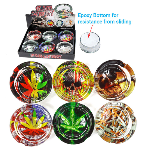 [Temp-HAM-004234] ROUND METALLIC GLASS ASHTRAY WEED FLOWER DESIGN BOX OF 6