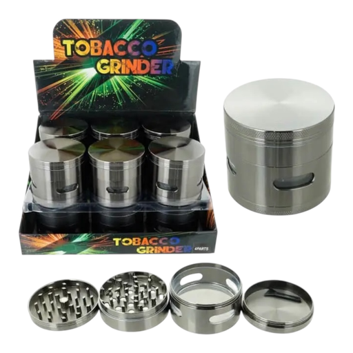 [Temp-HAM-004671] TOBACCO GRINDER 63MM ALLOY WITH SIDE WINDOWS 4 PARTS #GR141-63GM BOX OF 12