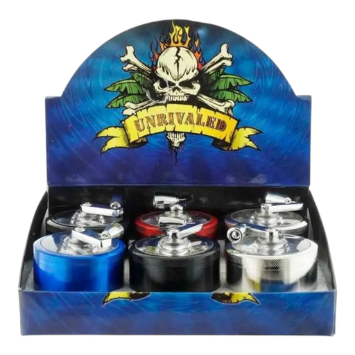 [Temp-HAM-004672] TOBACCO GRINDER 63MM ZINC ALLOY WITH HANDLE ON TOP 4 PARTS #GR071 BOX OF 6