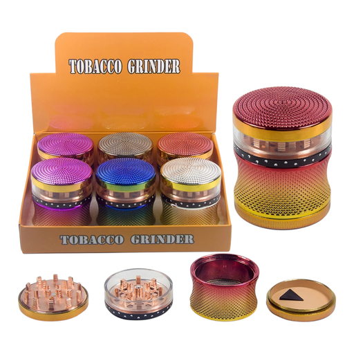 [Temp-HAM-004678] TOBACCO GRINDER COLORFUL DESIGN WITH WINDOW 4 PARTS #GR318 BOX OF 6