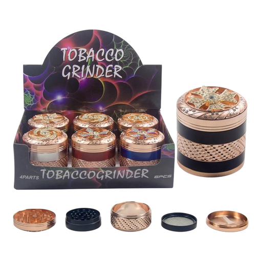 [Temp-HAM-004704] TOBACCO GRINDER SPINNING TOP DESIGN WITH STONES 4 PARTS #GR305 BOX OF 6