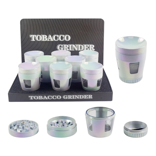 [Temp-HAM-004708] TOBACCO GRINDER TALL IRIDESCENT SHINY DESIGN WITH SIDE WINDOW 4 PARTS #GR331 BOX OF 8