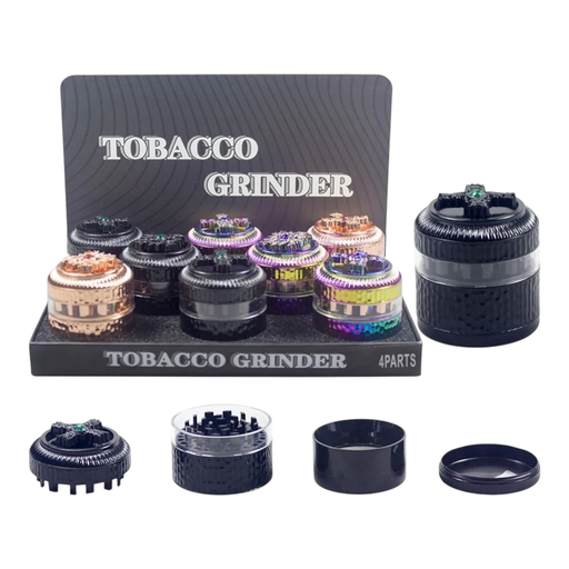 [Temp-HAM-004710] TOBACCO GRINDER WINDOW WITH SPINNER TOP DESIGN 4 PARTS #GR334 BOX OF 8