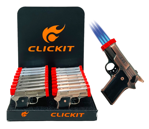 [ITM120720012304] CLICKIT PISTOL TRIPLE TORCH LIGHTER GH-10260-3 BOX OF 16