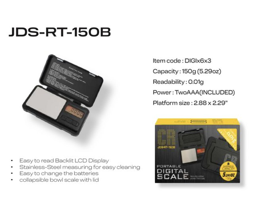 [ITM230620010383] CR JDS RT 150B PORTABLE DIGITAL SCALE 150G X 0.01G NON SLIP RUBBER BLACK