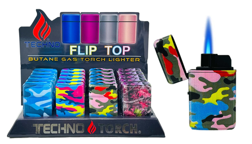 [TECH-25904] TECHNO TORCH #19607-NC CAMOUFLAGE DESIGN FLIP TOP TORCH LIGHTERS BOX OF 20