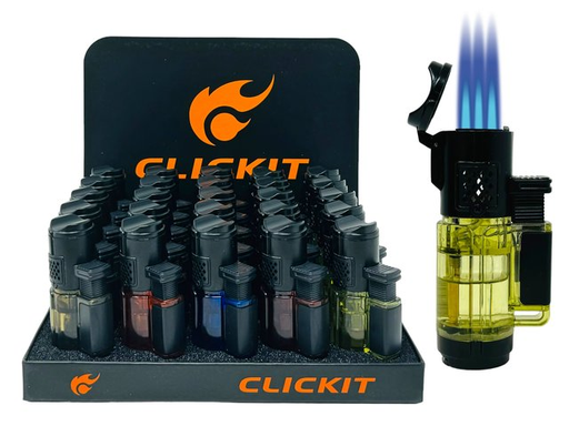 [CLIC-21079] CLICKIT TRANSPARENT TRIPLE TORCH LIGHTER WITH CIGAR PUNCHER GH-10557 BOX OF 25