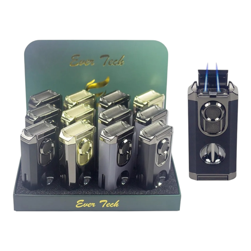 [Temp-HAM-001868] EVER TECH TRIPLE FLAME TORCH LIGHTER WITH CIGAR HOLDER AND CUTTER #M0441 BOX OF 12